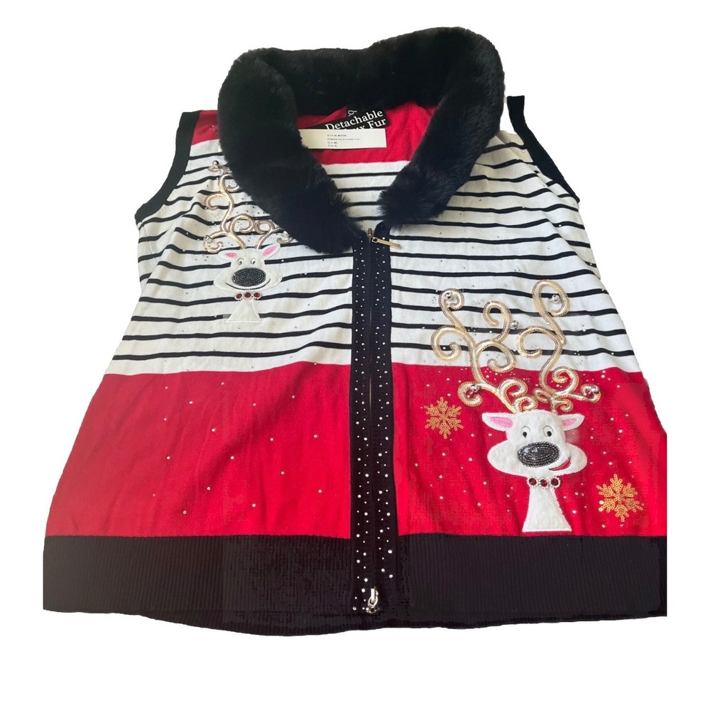 Berek Reindeer Ugly Christmas Sweater Vest Faux Fur Collar Red Medium